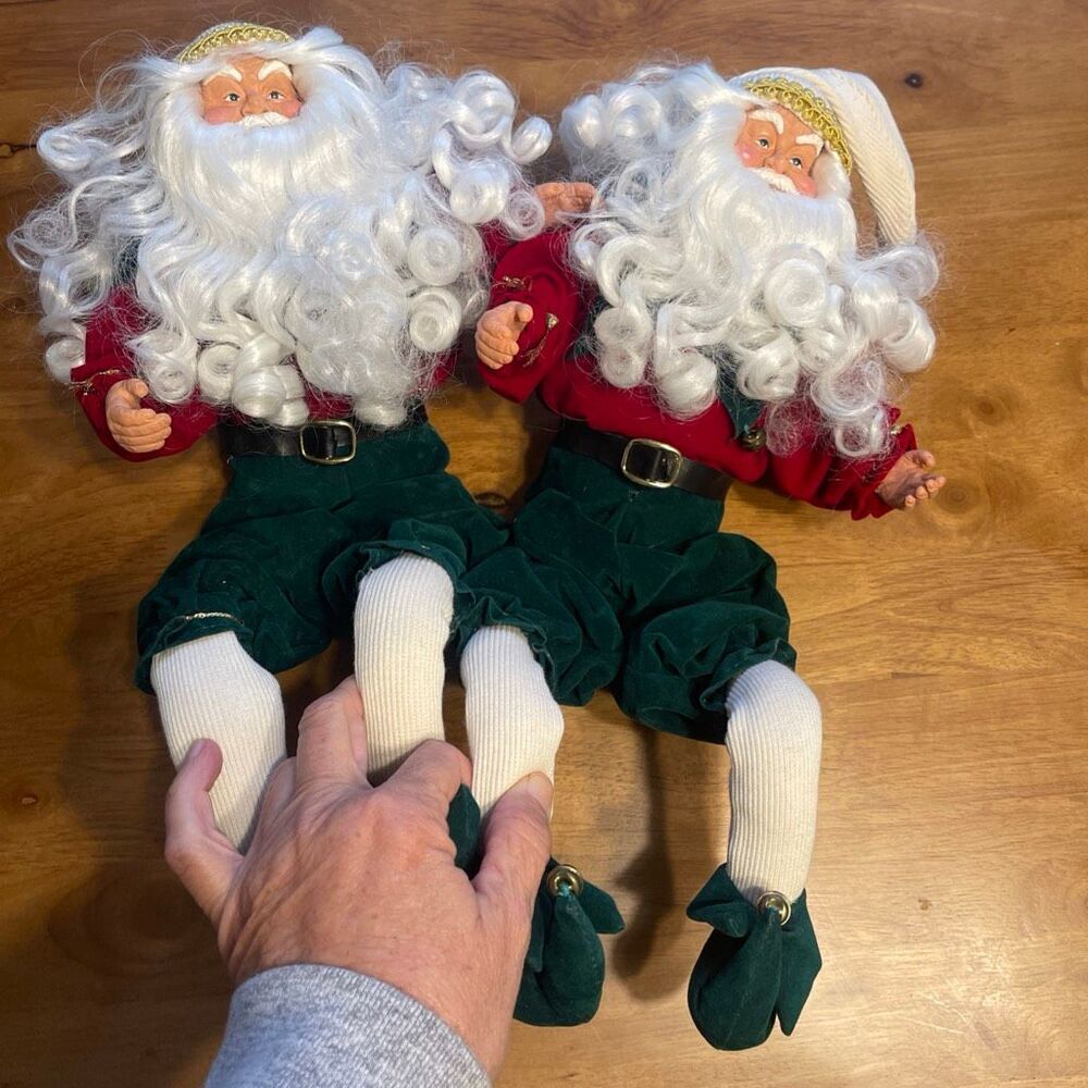 2 Christmas Santa‎ Elves Vtg Ornament Shelf Sitter Bendable Fabric Dolls